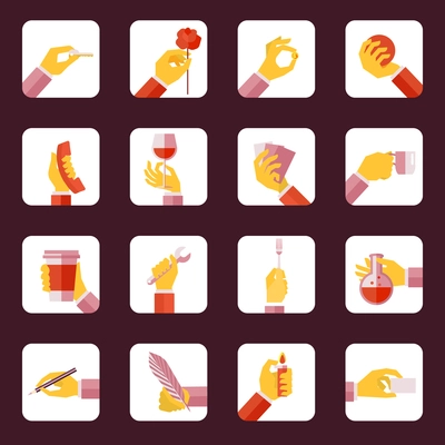 Human hands holding objects repair eating tools flat icons set isolated vector illustration