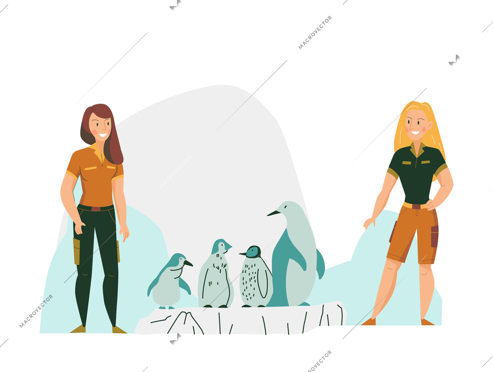 Flat composition with two women zoo keepers and penguins vector illustration