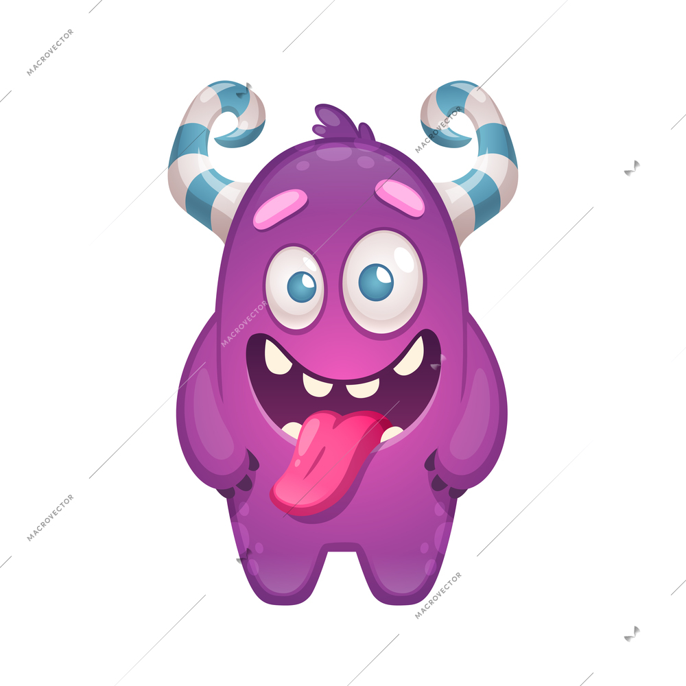 Cute purple monster with striped horns putting out tongue cartoon vector illustration