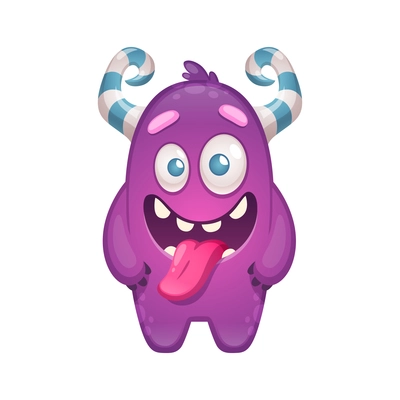 Cute purple monster with striped horns putting out tongue cartoon vector illustration