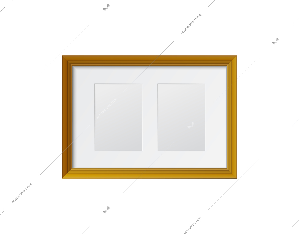 Wooden rectangular frame for two photos on white background realistic vector illustration