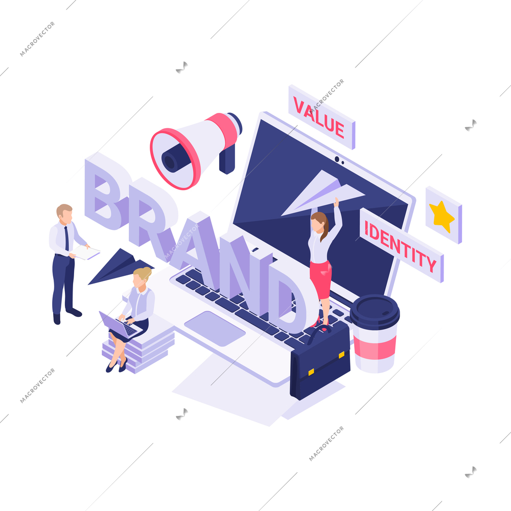 Isometric icon with people working on new brand strategy 3d vector illustration