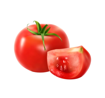 Whole fresh red tomato with green leaves and slice realistic icon on white background vector illustration