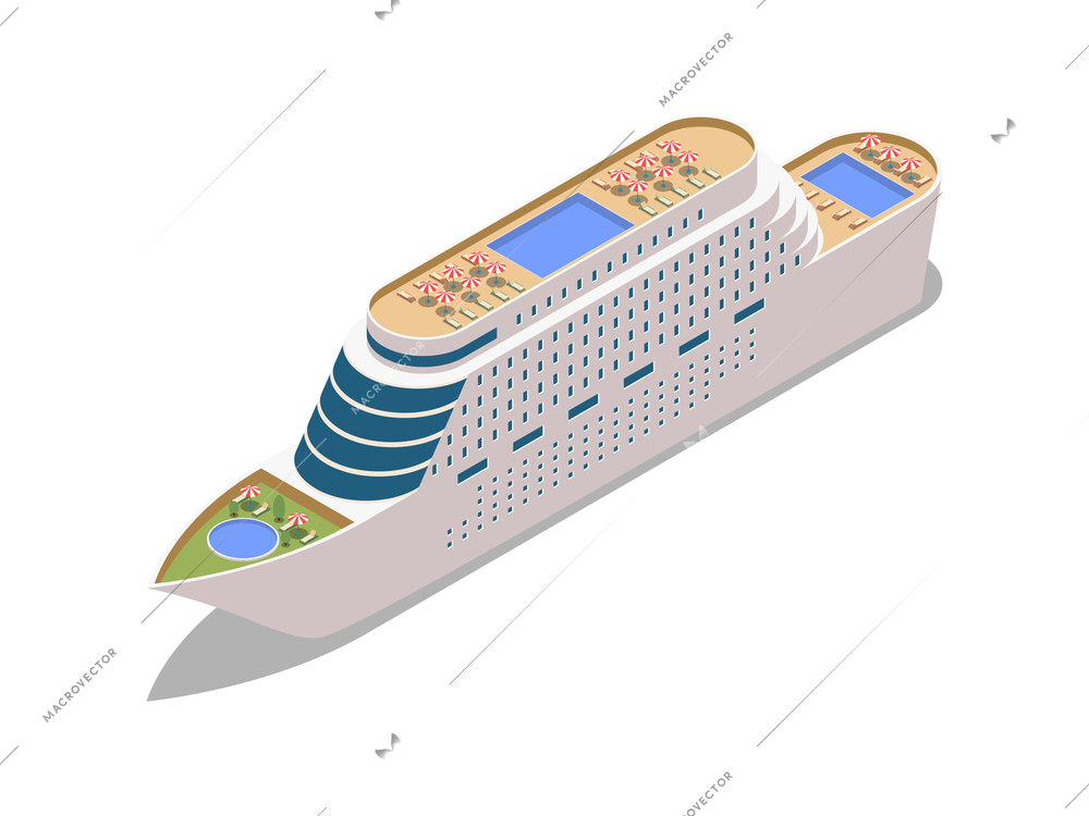 Cruise liner with swimming pools and lounge zone isometric icon vector illustration