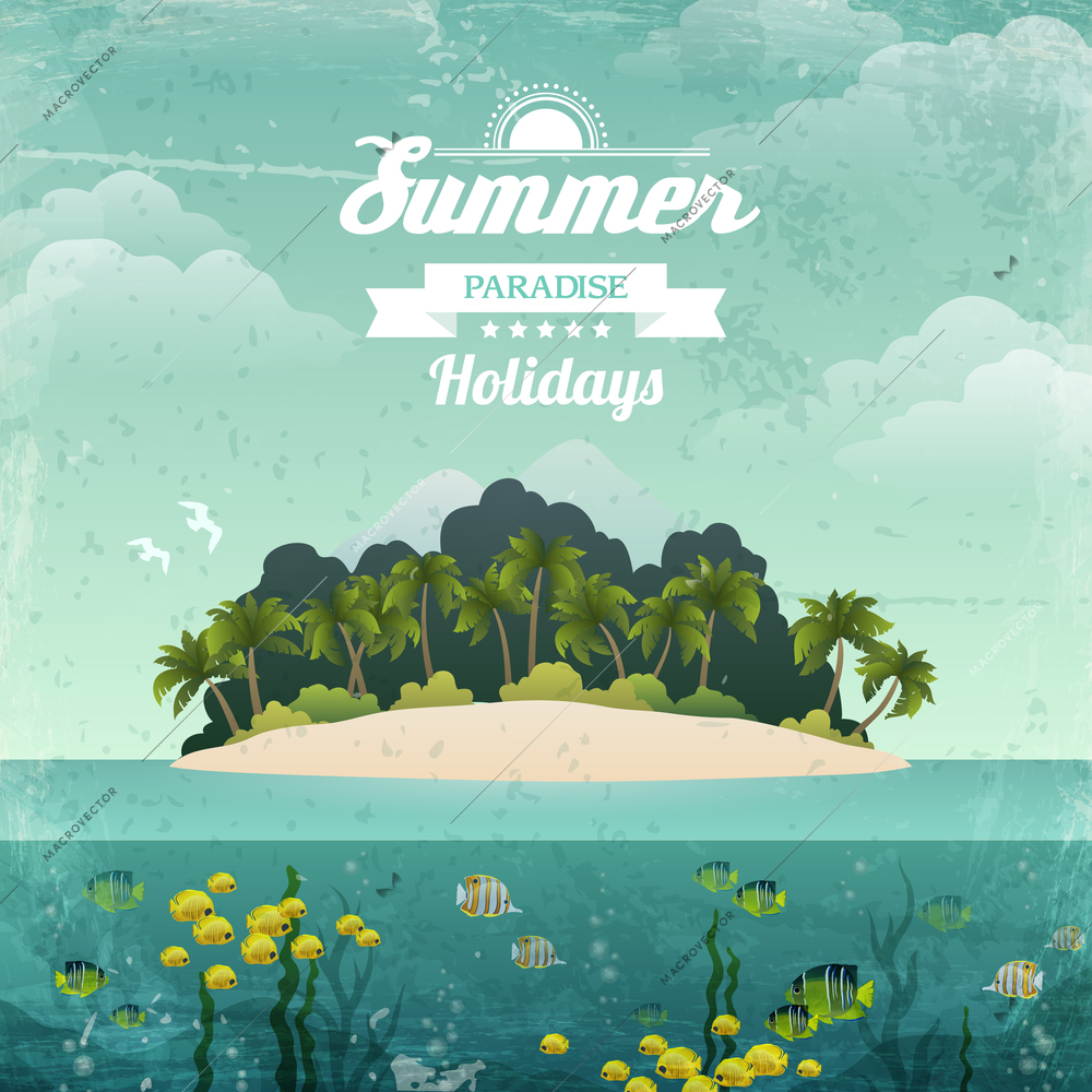 Tropical island summer paradise holiday vintage poster vector illustration