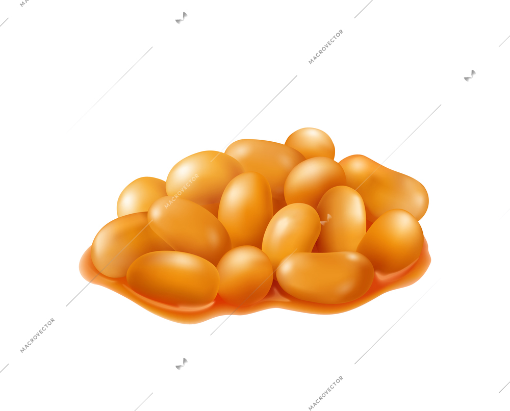 Realistic icon with pile of baked beans in tomato sauce on white background vector illustration