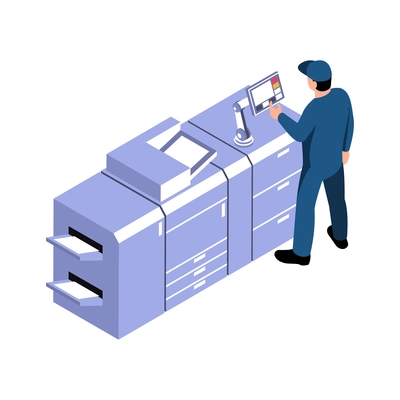 Technician working with printing equipment isometric icon vector illustration