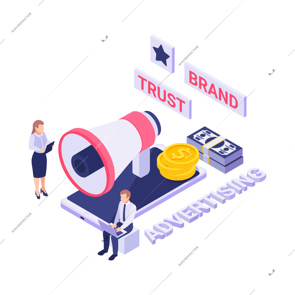 Brand trust advertising isometric concept with 3d smartphone money megaphone and people vector illustration