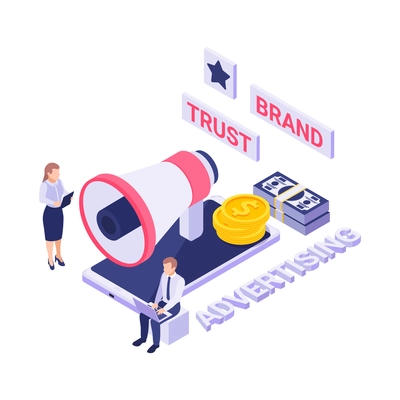 Brand trust advertising isometric concept with 3d smartphone money megaphone and people vector illustration