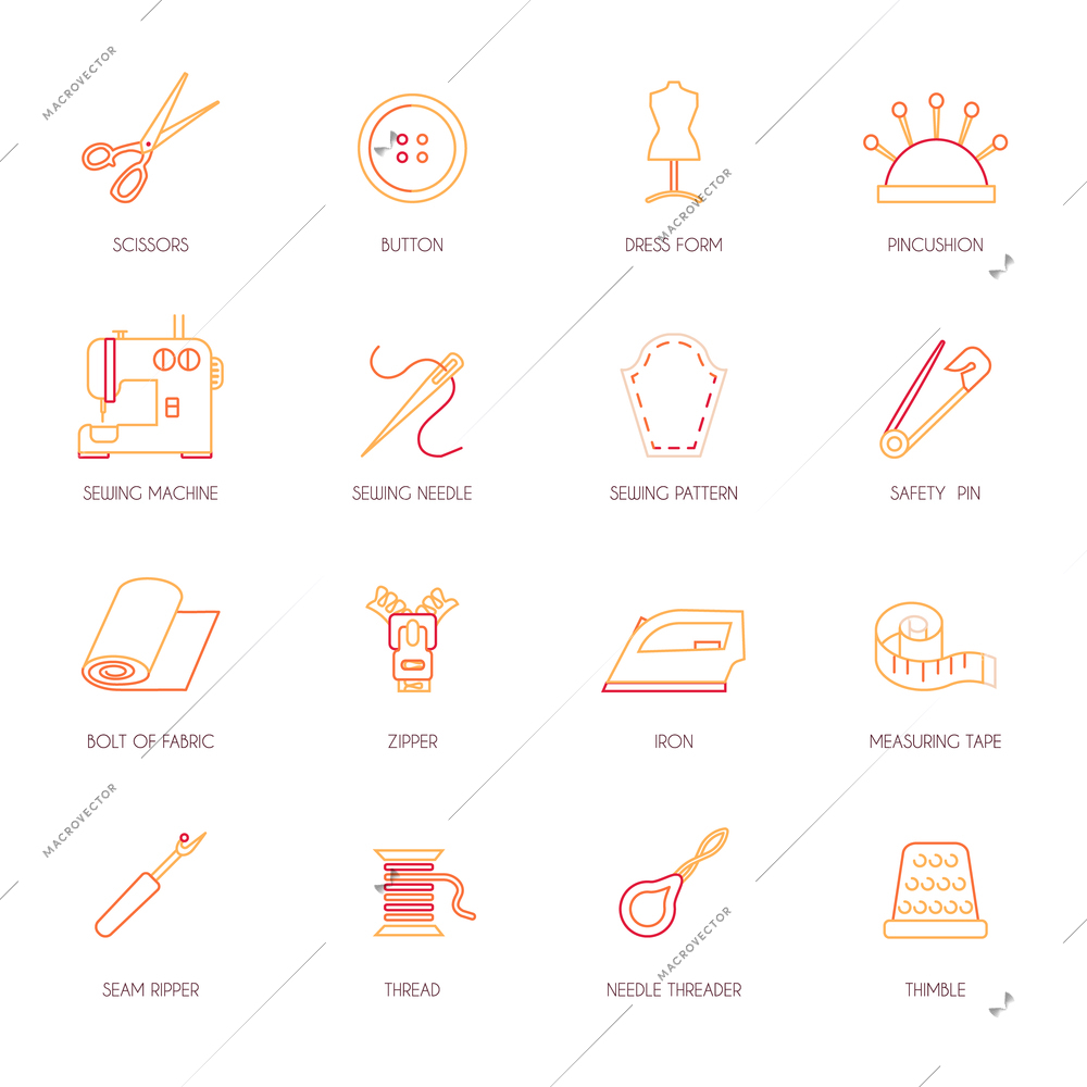 Sewing equipment and dressmaking accessories icons set flat line isolated vector illustration