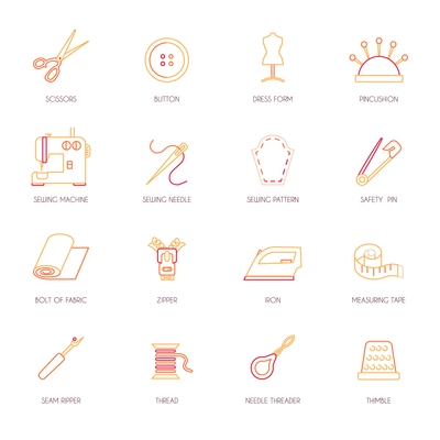 Sewing equipment and dressmaking accessories icons set flat line isolated vector illustration