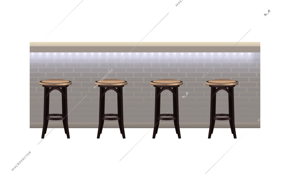 Modern bar counter with light and stools on white background vector illustration