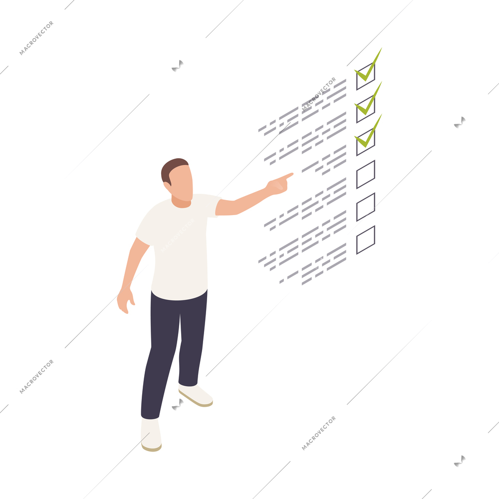 Personal growth isometric icon with man ticking off completed tasks on to do list vector illustration