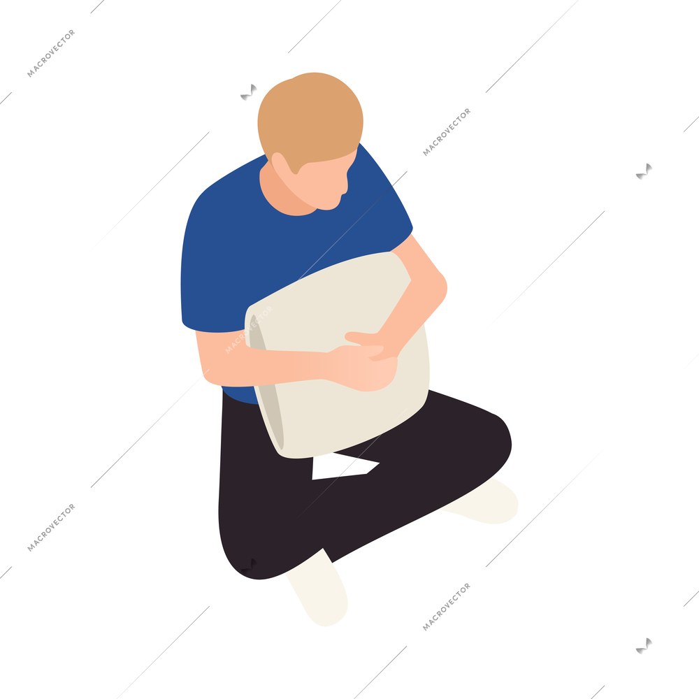 Isometric icon with sad man hugging cushion on white background 3d vector illustration