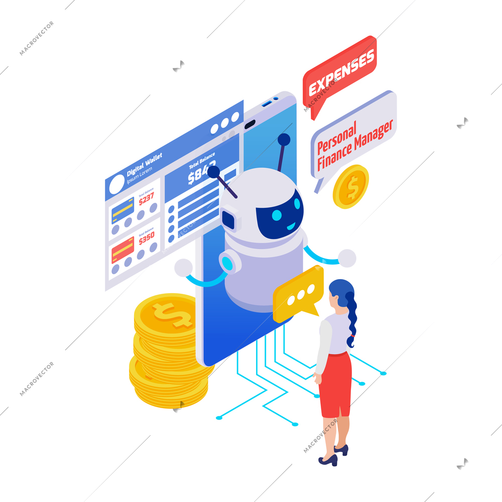 Finance manager digital wallet chatbot application isometric icon 3d vector illustration