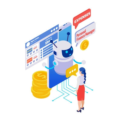 Finance manager digital wallet chatbot application isometric icon 3d vector illustration