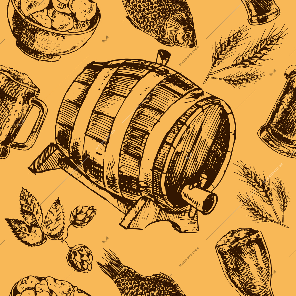 Traditional vintage tap beer bar menu seamless pattern with snacks hop barley and oak barrel vector illustration