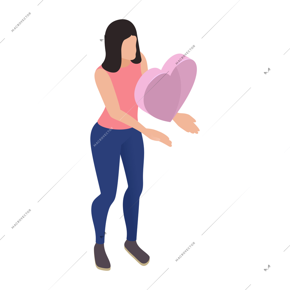 Isometric icon with woman character holding pink heart on white background vector illustration