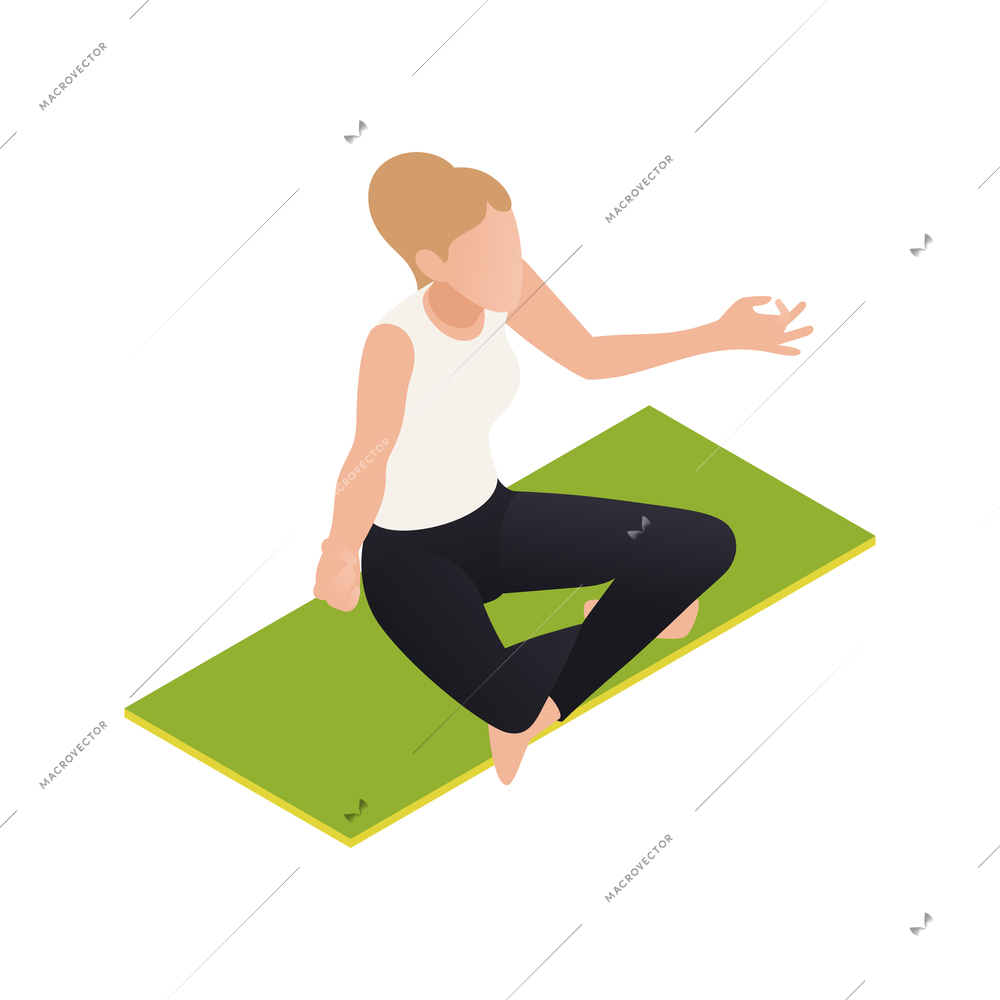 Woman doing yoga meditating in lotus position on green mat isometric icon vector illustration