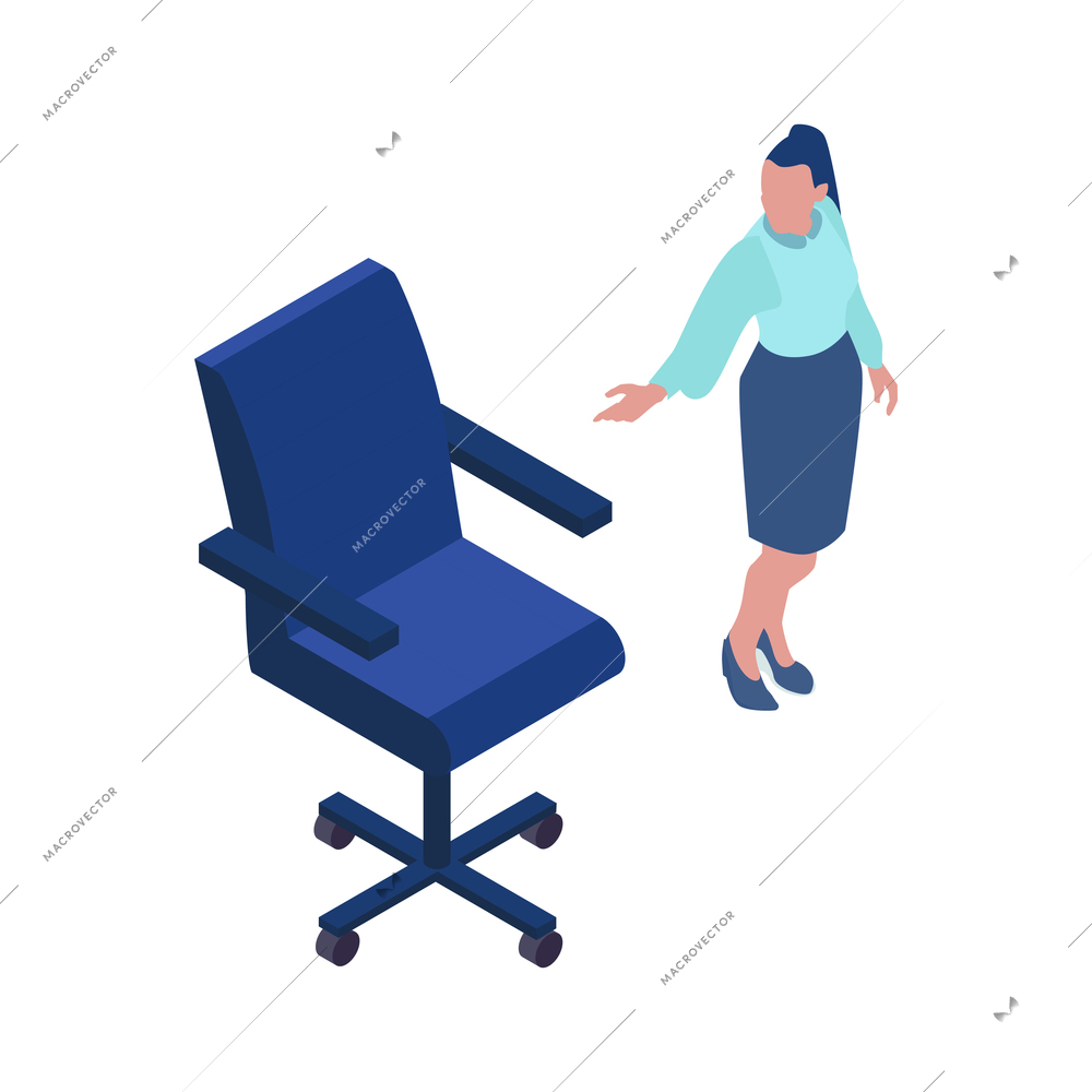 Job vacancy icon with female character of hr specialist and chair isolated isometric vector illustration