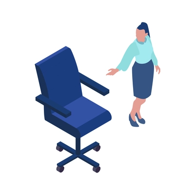 Job vacancy icon with female character of hr specialist and chair isolated isometric vector illustration