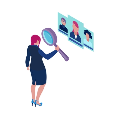 Recruitment specialist with magnifier choosing candidates isometric icon vector illustration