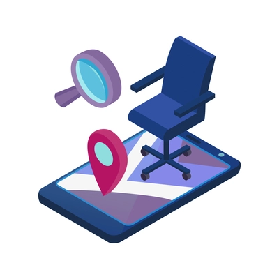 Recruitment isometric icon with online job vacancies searching for applicants smartphone chair magnifier vector illustration