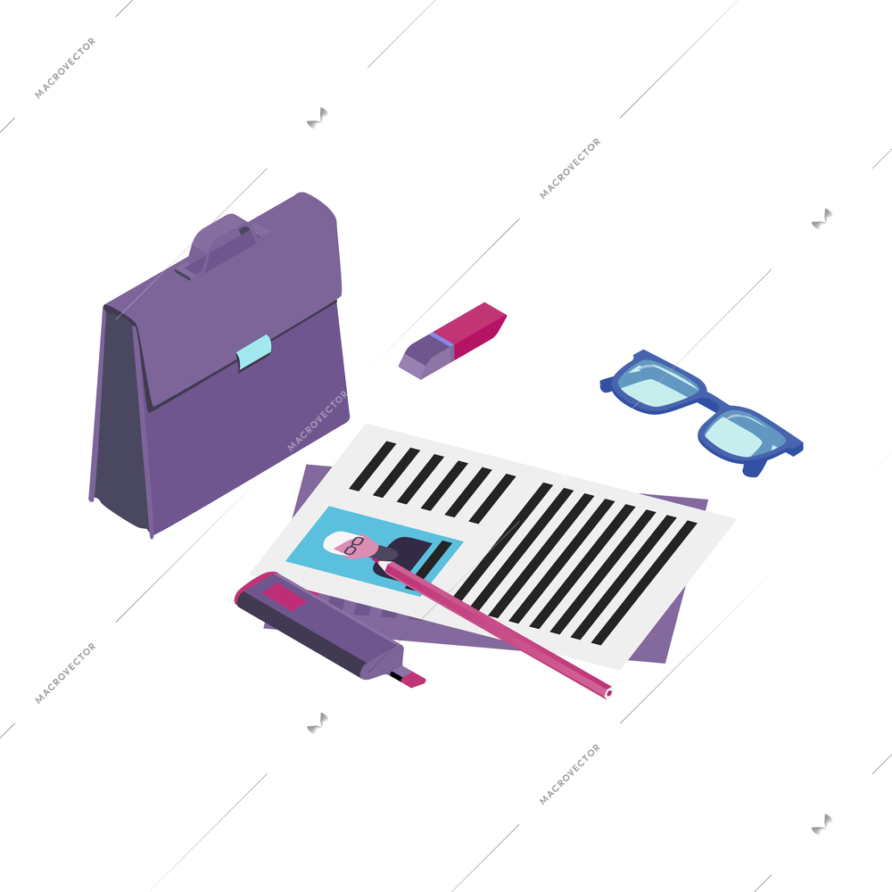 Recruitment isometric icon with resume briefcase stationery glasses on white background 3d vector illustration