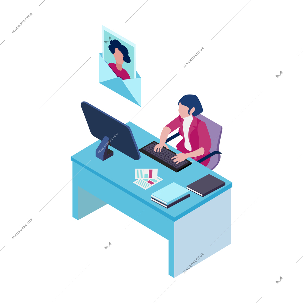 Recruitment agency icon with woman at her work place choosing job candidates online 3d vector illustration