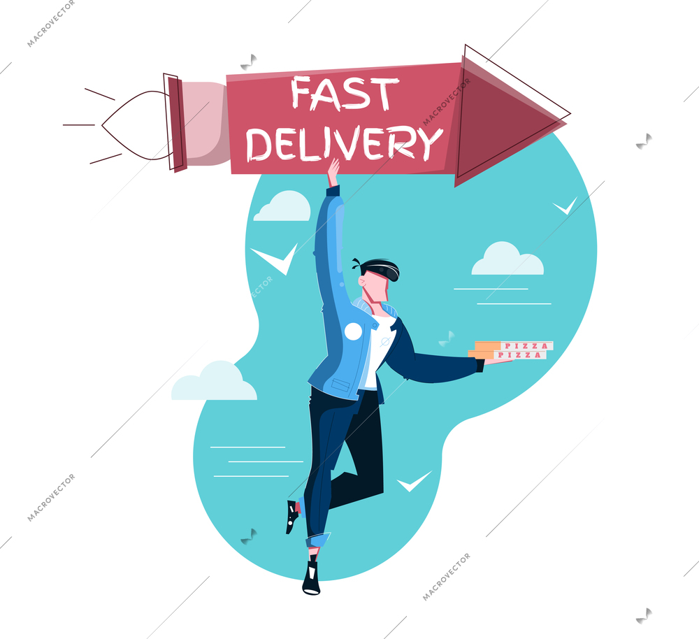 Fast pizza delivery flat composition with character flying on rocket vector illustration