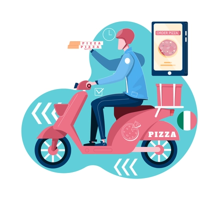 Online order of italian pizza composition with delivery man riding scooter flat vector illustration