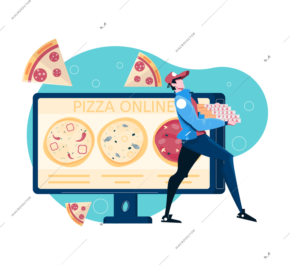 Online delivery flat composition with courier carrying pizza boxes vector illustration