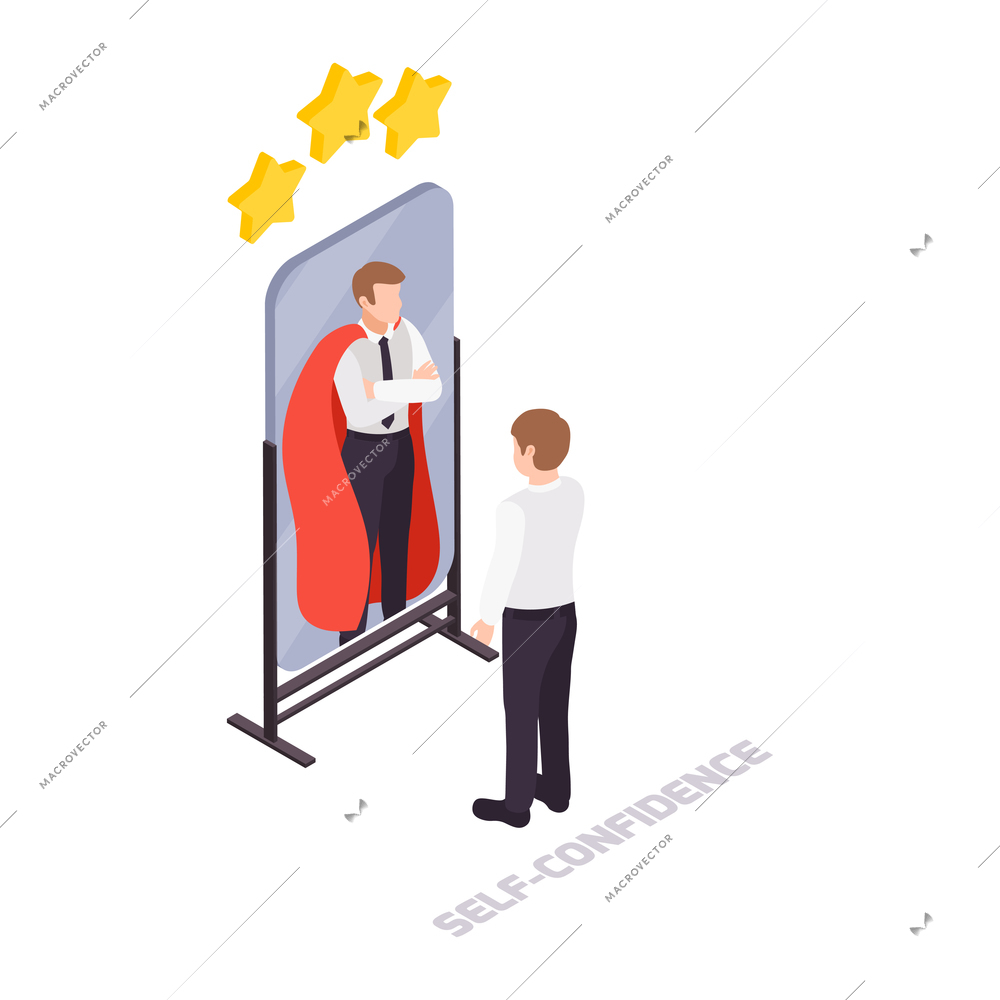 Soft skills concept with confident worker looking at his reflection of superhero in mirror isometric vector illustration