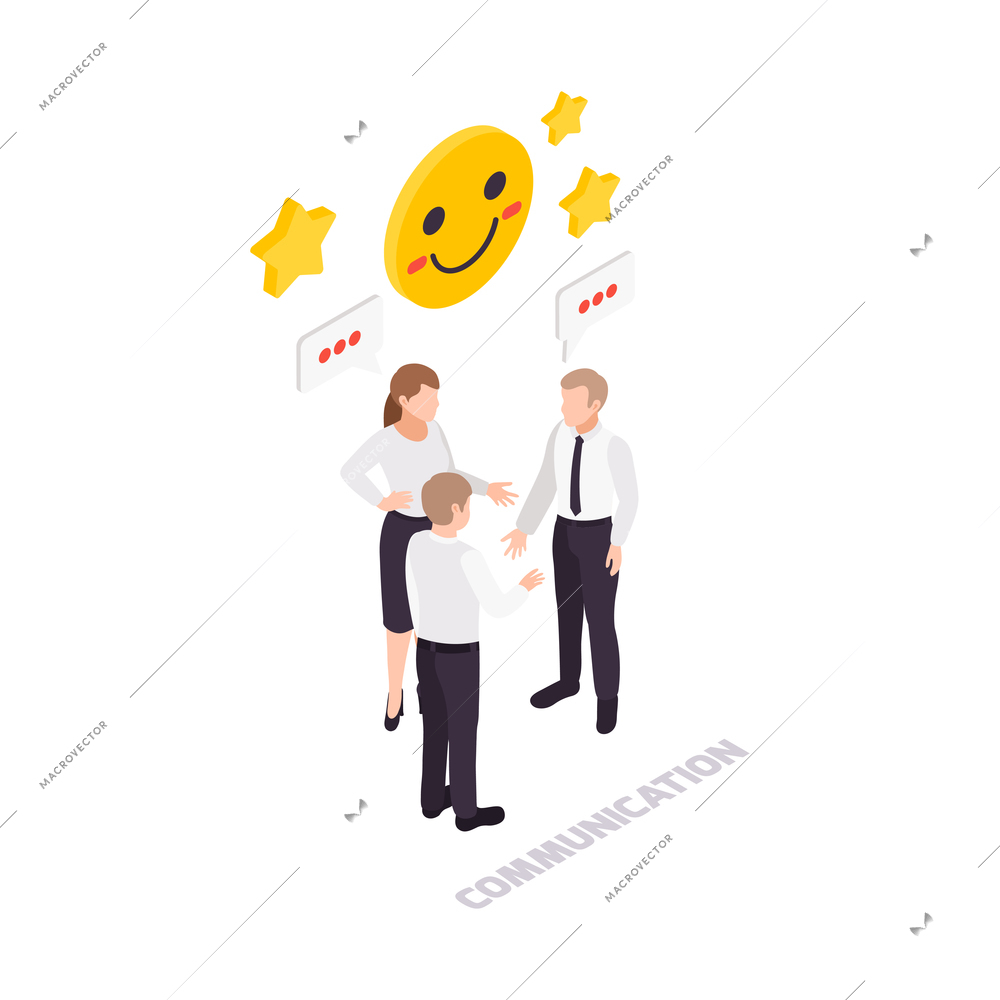 Soft skills concept icon with three workers communicating isometric vector illustration