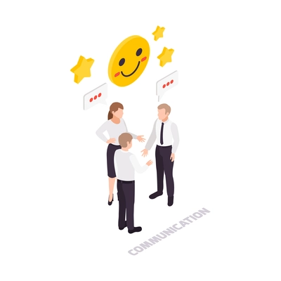 Soft skills concept icon with three workers communicating isometric vector illustration