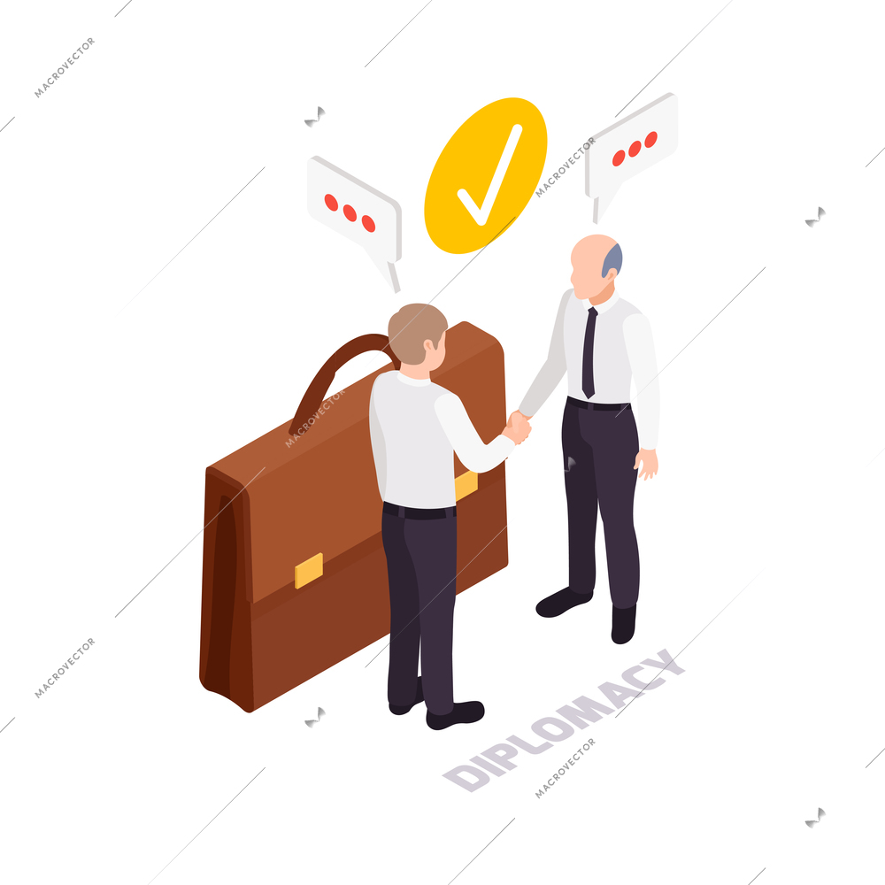 Soft skills diplomacy concept icon with briefcase and two characters shaking hands 3d vector illustration