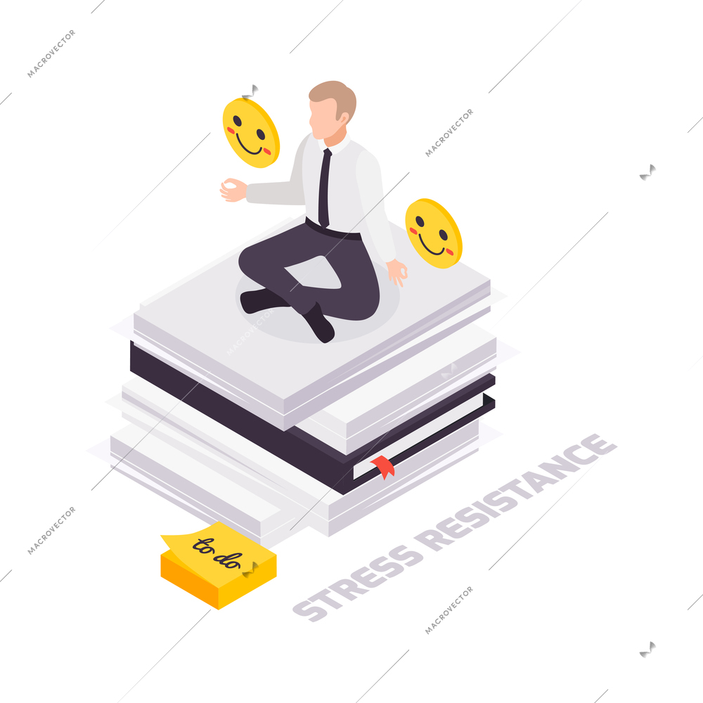 Soft skills isometric stress resistance concept with character sitting in lotus position on stack of papers vector illustration