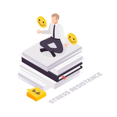 Soft skills isometric stress resistance concept with character sitting in lotus position on stack of papers vector illustration