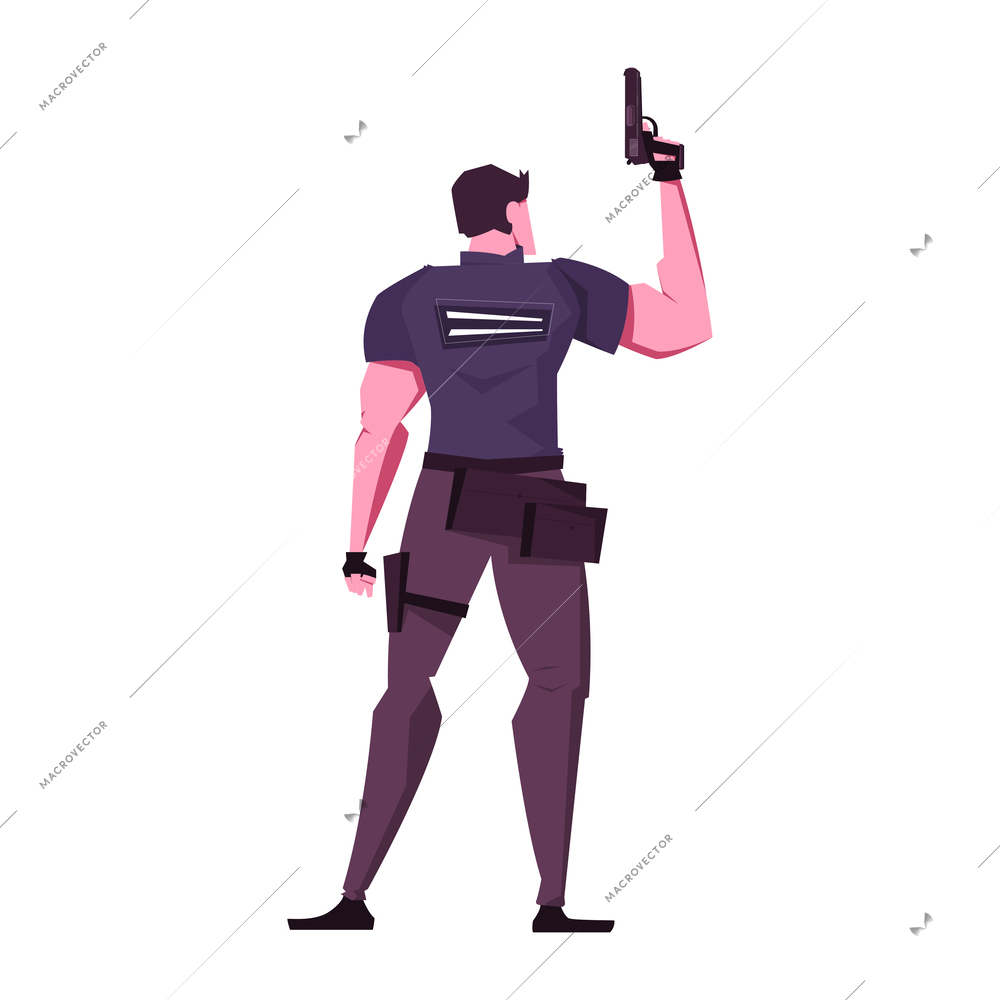 Back view of armed man raising hand with pistol flat vector illustration