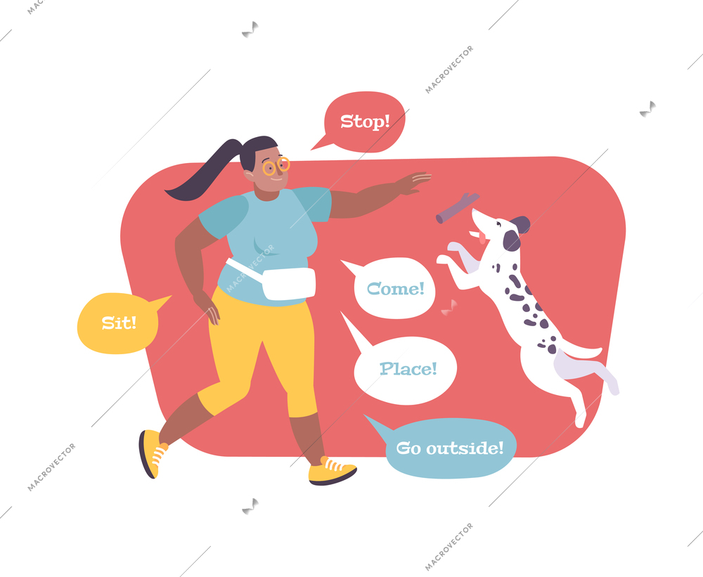 Flat composition with woman training dog and various commands in speech bubbles vector illustration