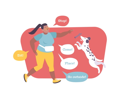 Flat composition with woman training dog and various commands in speech bubbles vector illustration