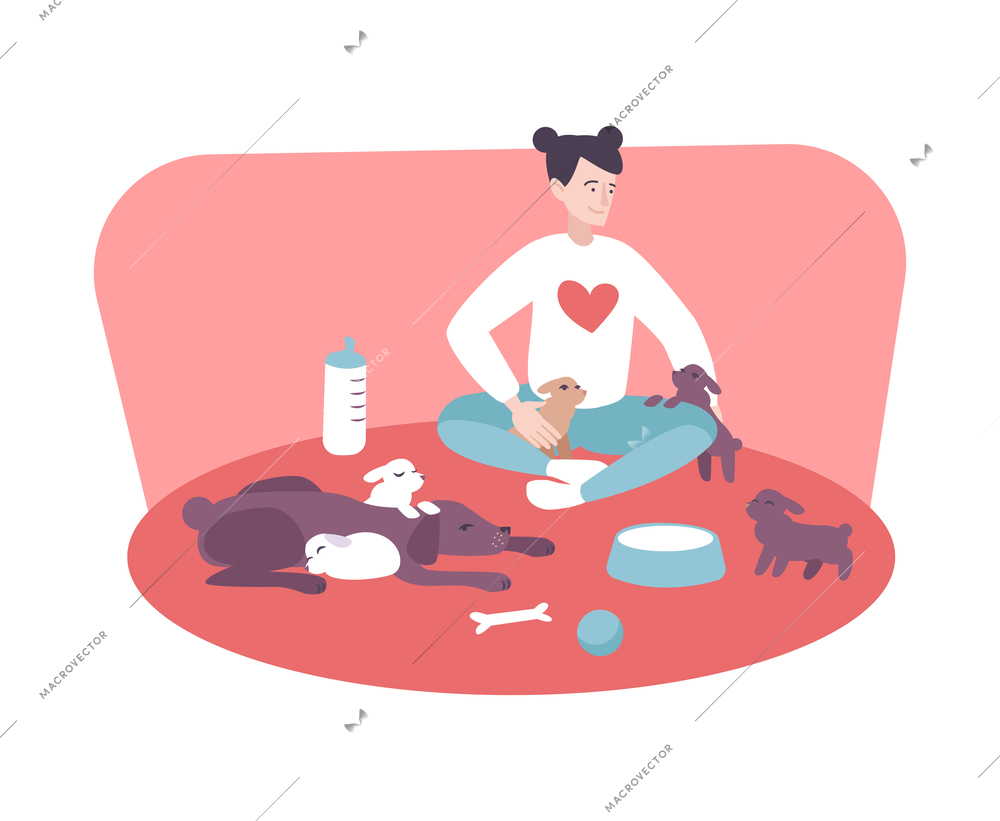 Breeding business flat composition with woman dog puppies bowl bottle vector illustration