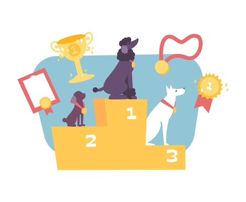 Flat composition with three dogs competition winners sitting on podium vector illustration