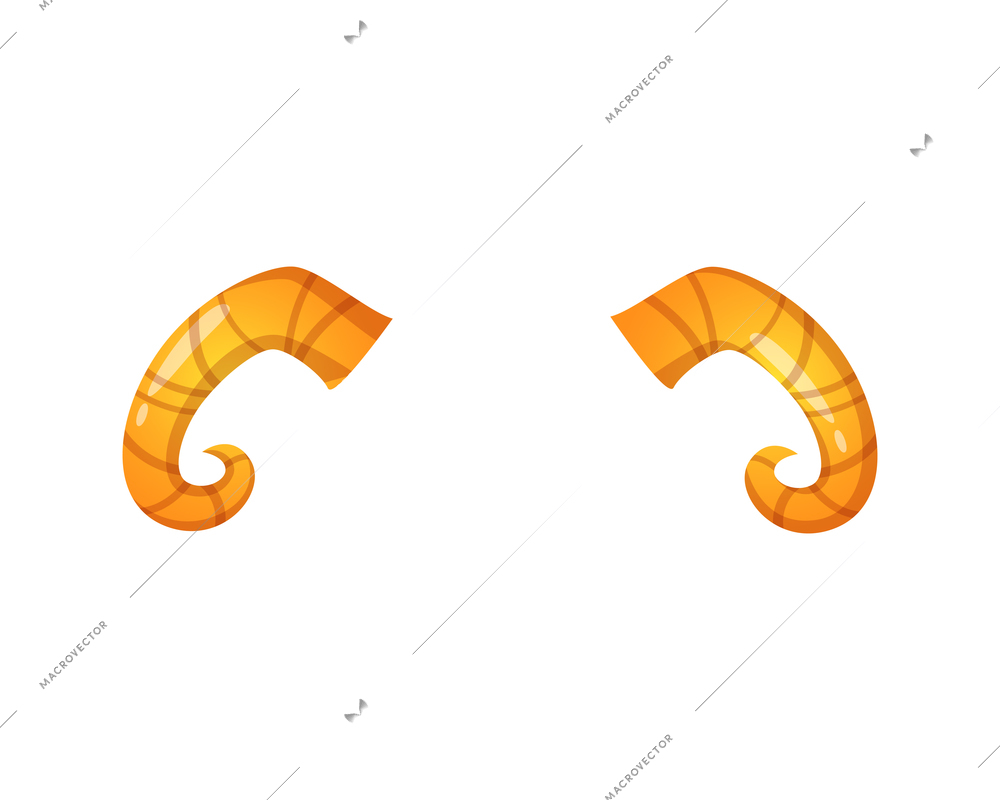 Pair of cartoon curved yellow horns isolated vector illustration