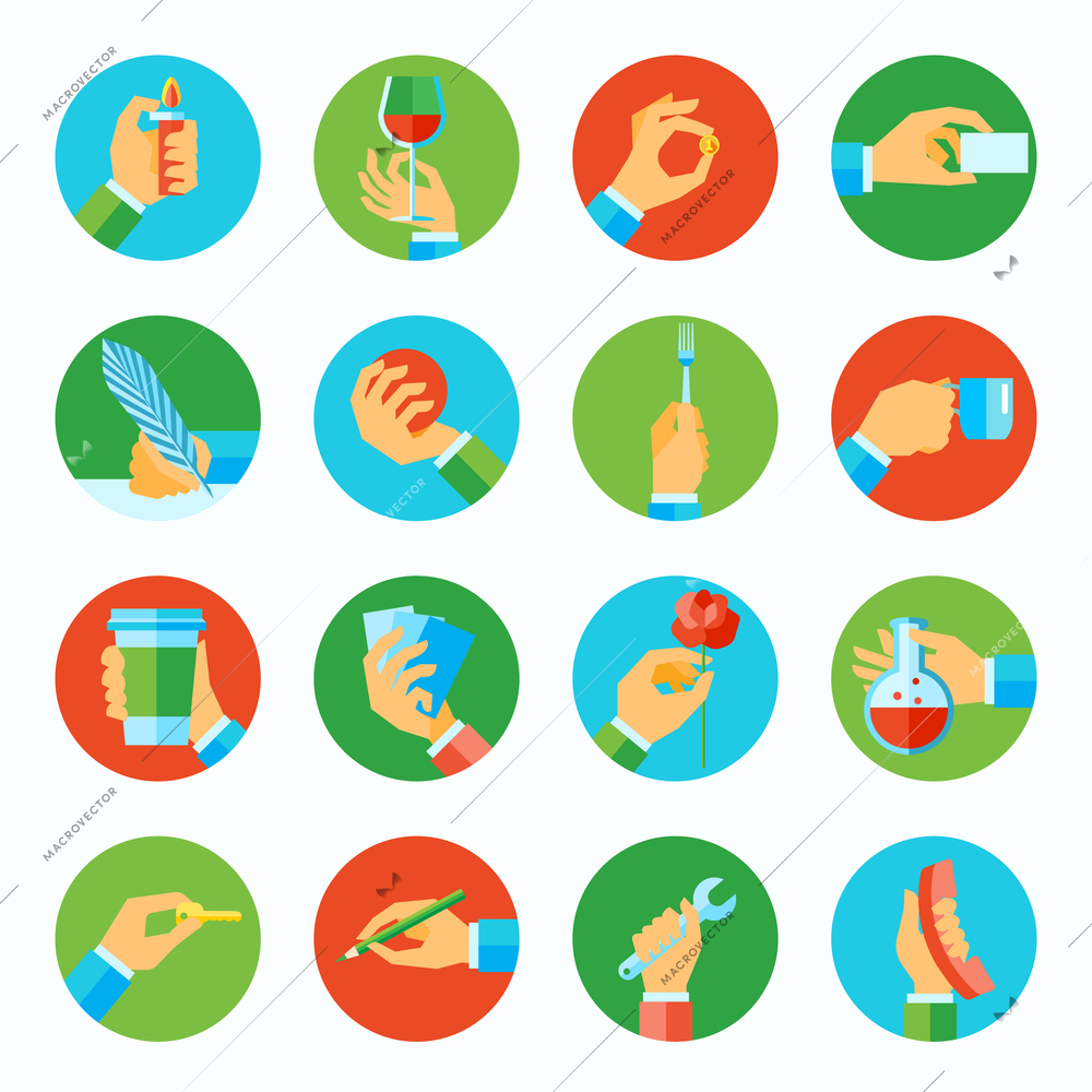 Human hands holding different objects flat icons set isolated vector illustration