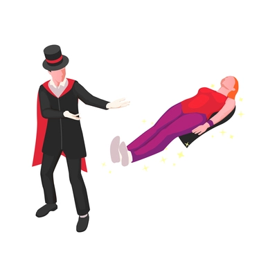 Isometric circus illusionist performing trick with woman on white background isolated vector illustration