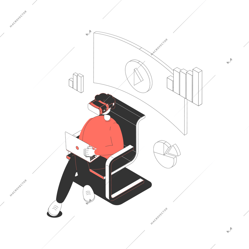 Man working on computer while wearing virtual reality headset isometric vector illustration