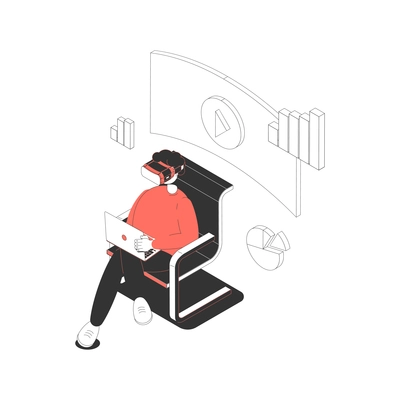 Man working on computer while wearing virtual reality headset isometric vector illustration