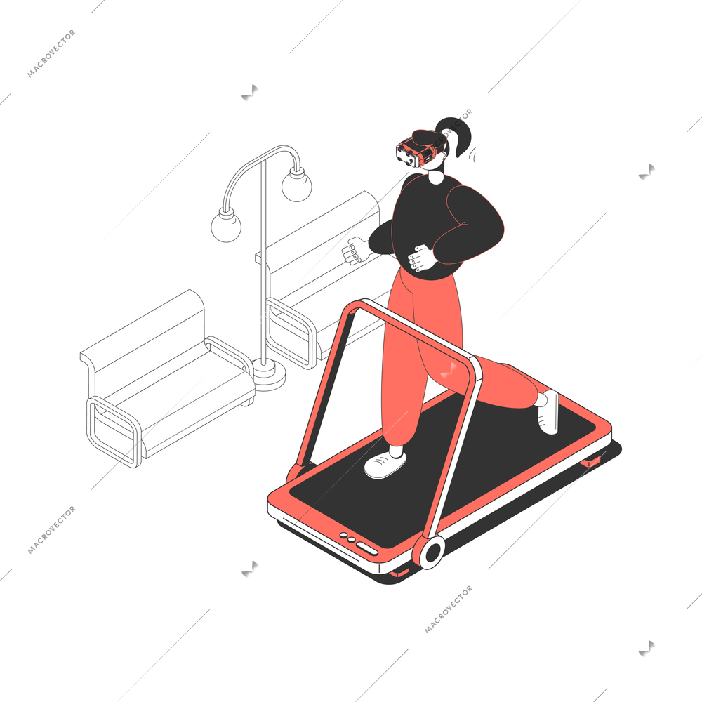Isometric icon with woman in augmented reality glasses on running machine 3d vector illustration