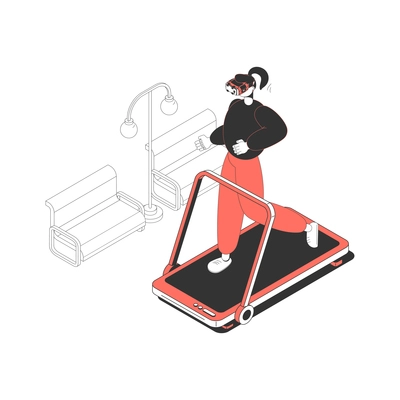 Isometric icon with woman in augmented reality glasses on running machine 3d vector illustration